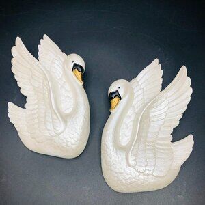 1990 Miller Studio Chalkware Pearlescent White Swan Wall Plaque Hanging PAIR